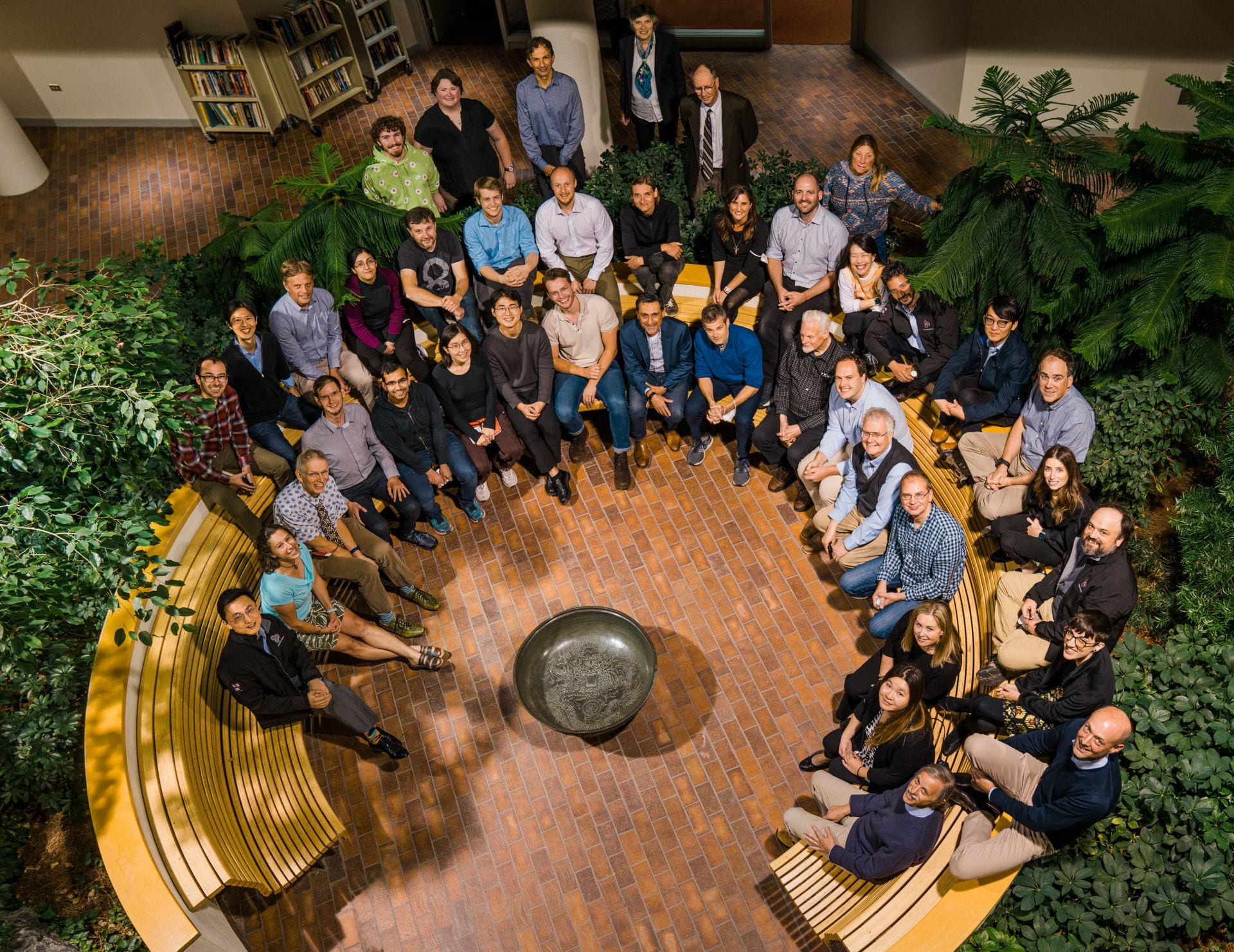 group photo from above of Rowland Institute current and Alum memebers