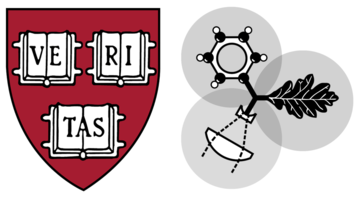 Harvard's shield with "Veritas" on books and an MIT-inspired logo with a molecular structure and a mechanical arm holding an oak leaf.