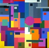 Abstract geometric painting featuring colorful rectangles and squares in various shades. A pink circle stands out against the vibrant, dynamic background.